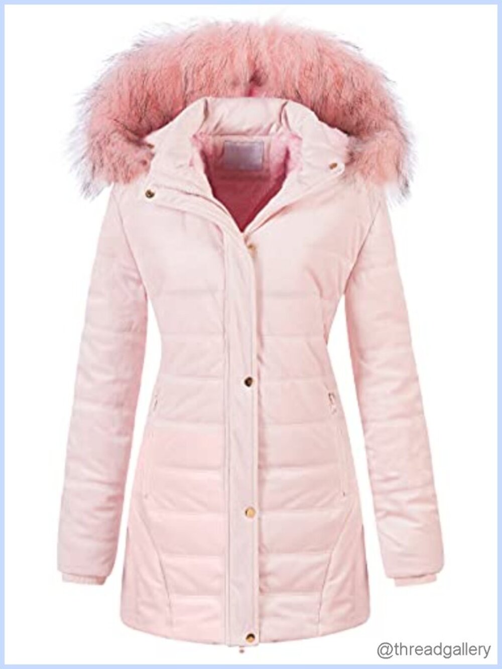 Warm Winter Puffer Coat Quilted Faux Fur Hood Mid-Thigh